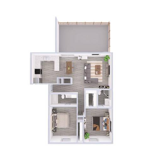 A 3D floor plan of a house with two bedrooms, a living room, a kitchen, and a bathroom.